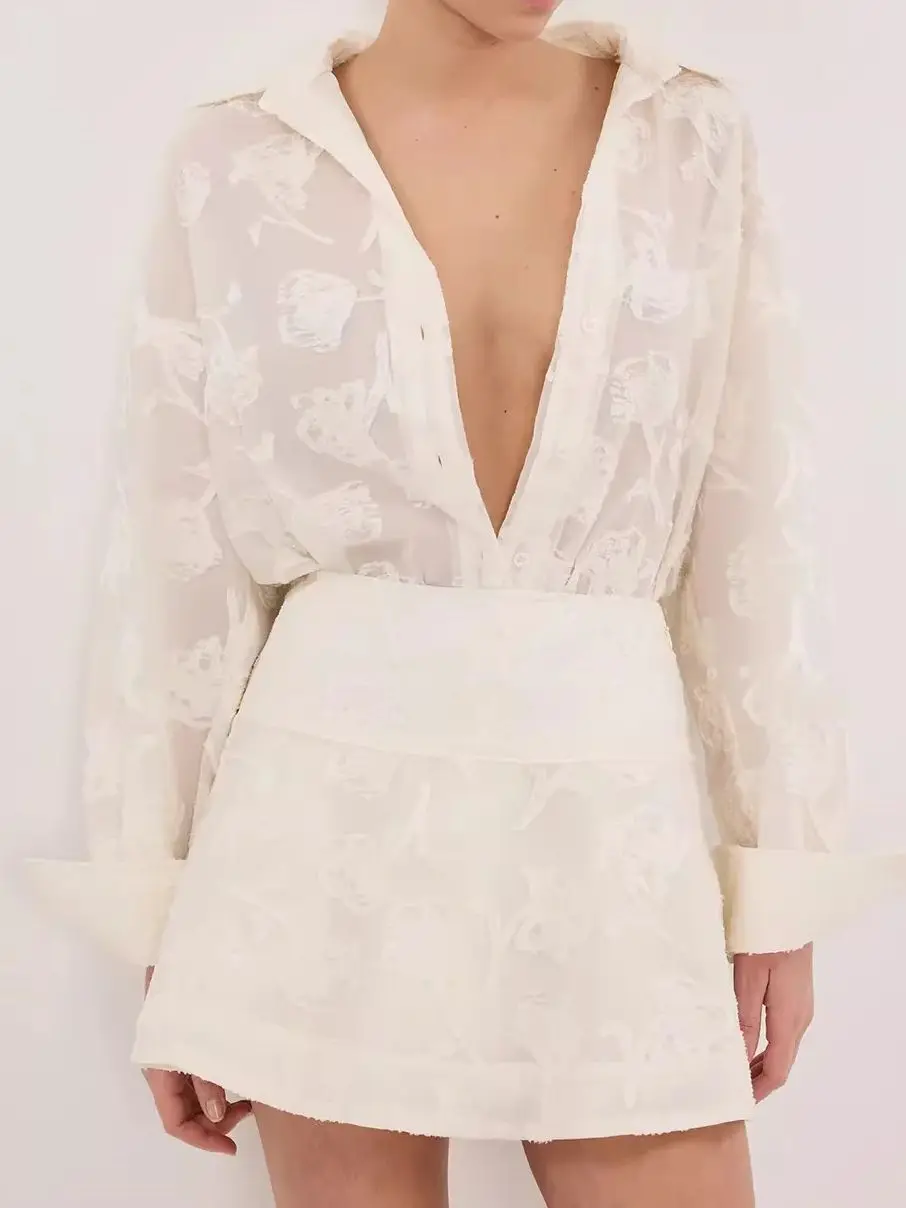 

Women Floral Embroidery 2-Piece Set Turn-down Collar Single Breasted Long Sleeve Shirt + High Waist A-Line Mini Skirt Suit