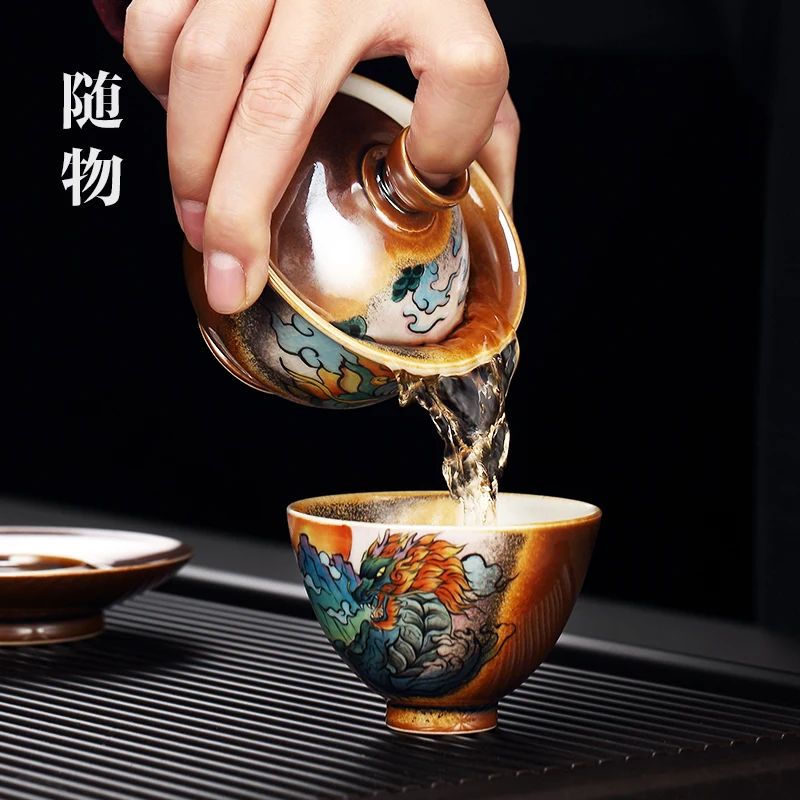 Chaiyao Hand-painted Covered Jingdezhen CeramiC Sancai Making Bowl, Single Tea Cup, Handmade HigH-end Kung Fu