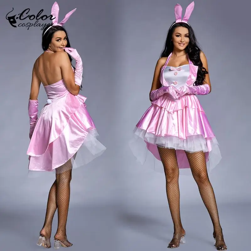 Kleur Cospalyer Roze Konijn Meisje Jurk Pak Halloween Anime Cosplay Driedelige Set Vrouwen Sexy Vermomming Kostuum Feestuniform