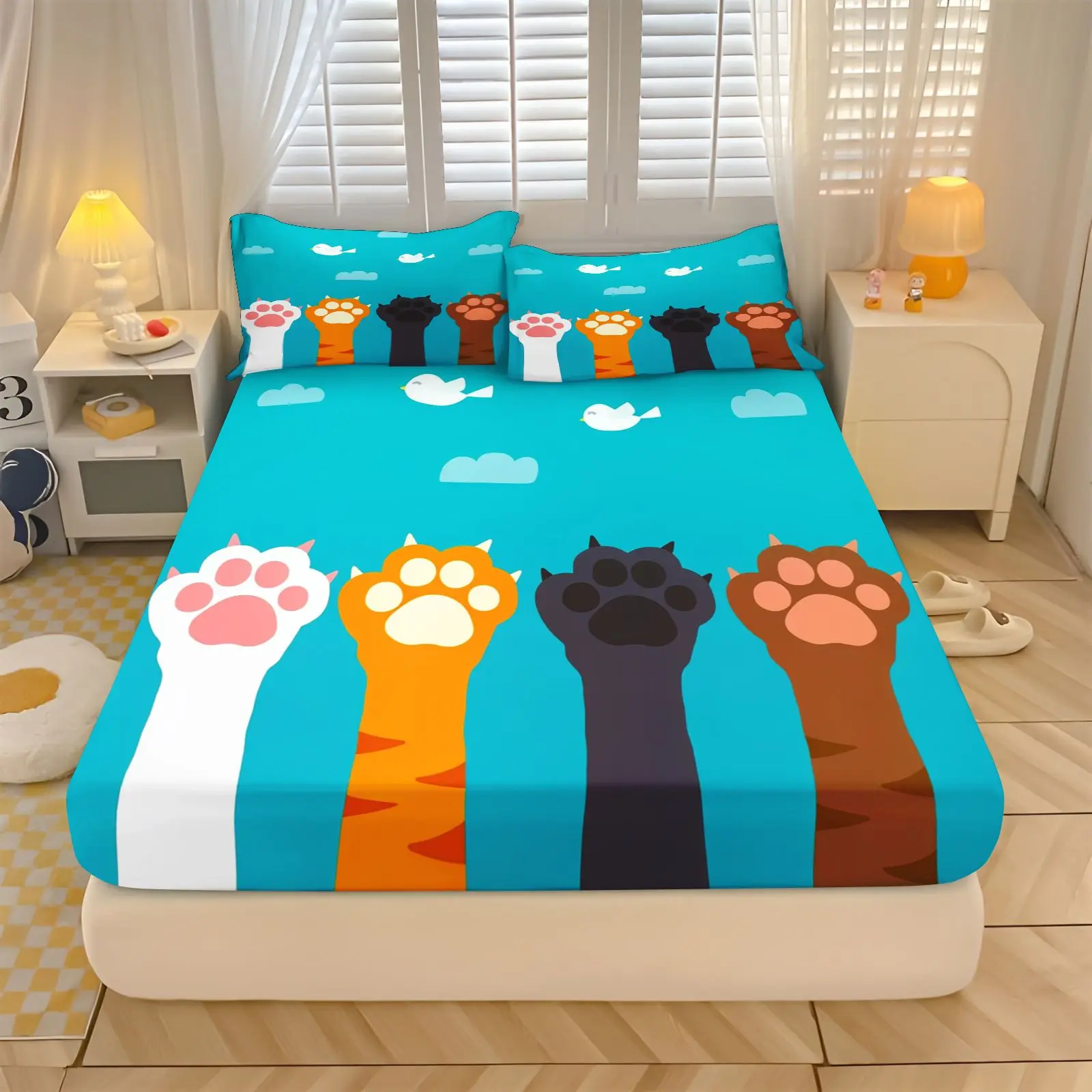 Cartoon Cat Paws Printed Fitted Sheet Set Turquoise Deep Pocket Bed Sheets Pillowcases Cute Animal Bedding for Kids Bedroom