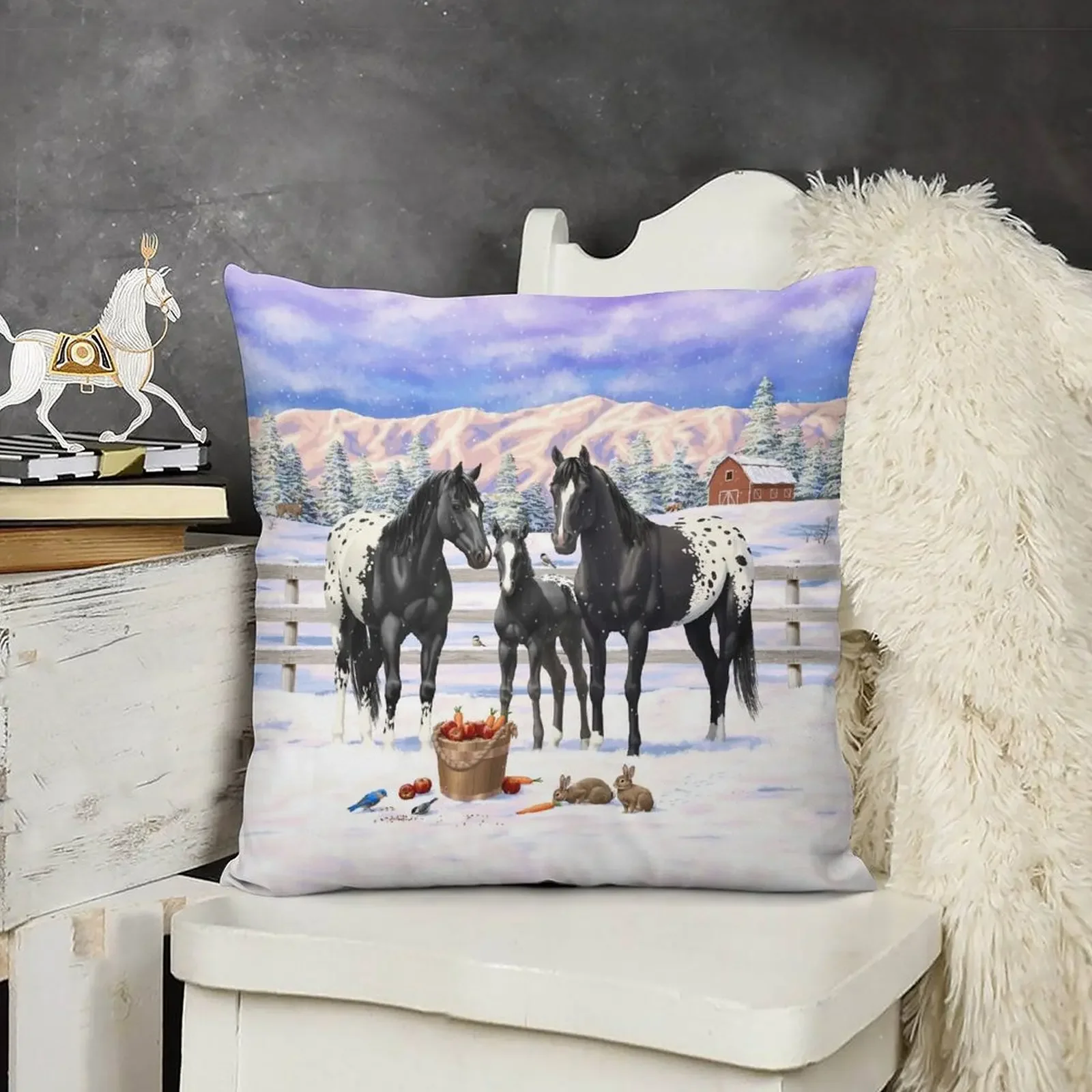 Black Appaloosa Horses In Snow Throw Pillow Cushions Cover home decor items luxury sofa pillows Plaid Sofa pillow