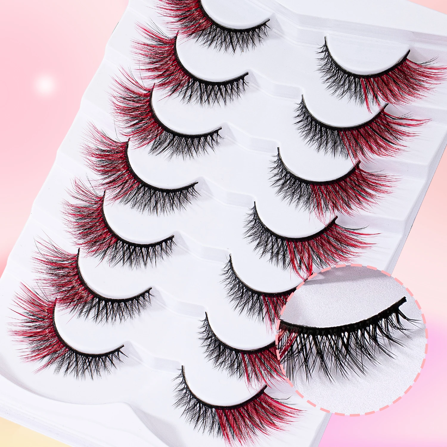 7 paia di occhielli rossi di colore misto con ciglia finte color croce allungate da 12 mm, un must per Natale/Halloween