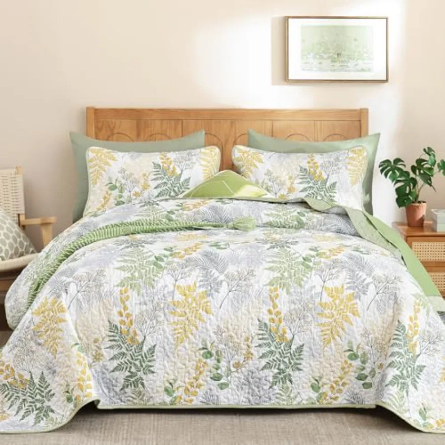 

Quilt Size3 Pieces Botanical Bedspread with Farmhouse Leaves Pattern Soft Lightweight Microfiber Coverlet for All Seasons 96"×9