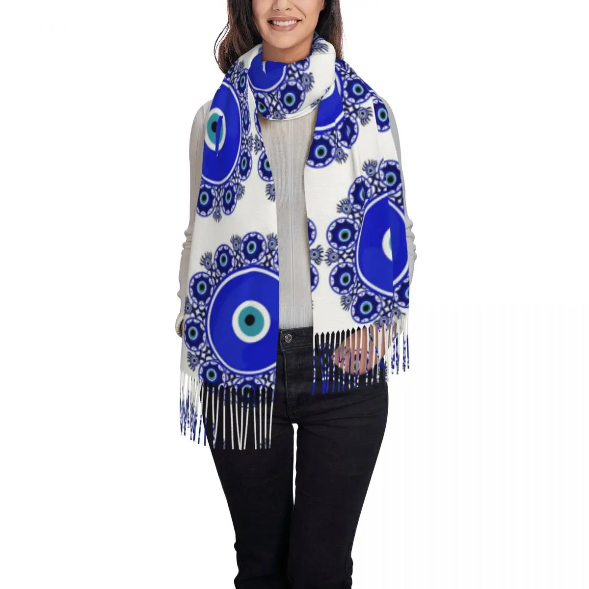 عين الشر ماندالا باللون الذهبي والأزرق محظوظ سحر تميمة وشاح شرابة الأوشحة للنساء شالات ويلتف طويل الخريف الشتاء شال التفاف
