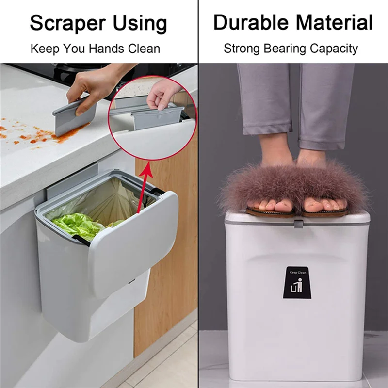 M04K 2X صندوق سماد المطبخ للسطح أو تحت الحوض، سلة مهملات صغيرة معلقة مع غطاء، دلو سماد داخلي قابل للتركيب (C)