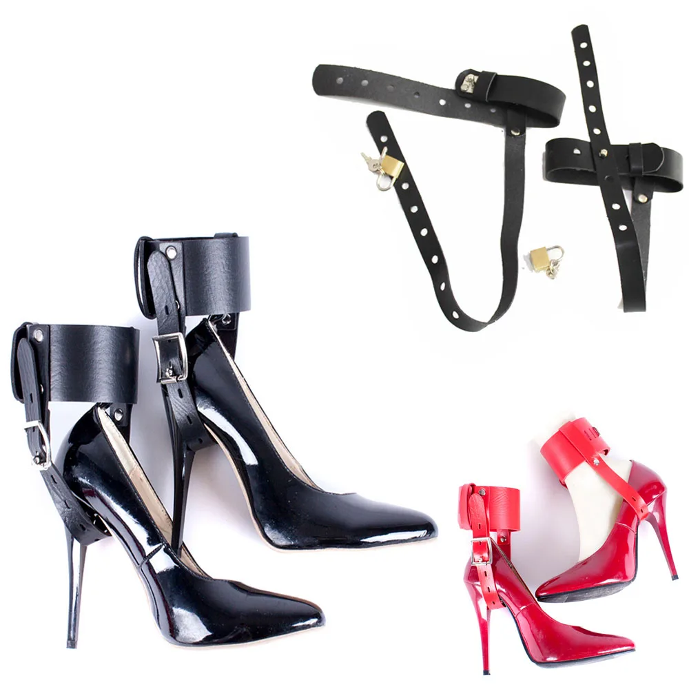 Faux Leather Ankle Belts BDSM Restraint Lockable Cuffs Fixed to High Heel Shoes Straps Accessories Padlock Sex Toys for Women