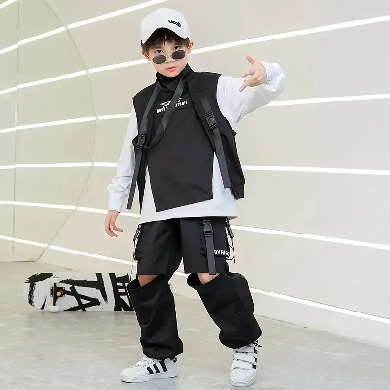 Tactical Cargo Pants Girl Boy Jazz Dance Costume Clothes wear Kids Festival Hip Hop dancing Clothing Sweatshirt High Neck Vest