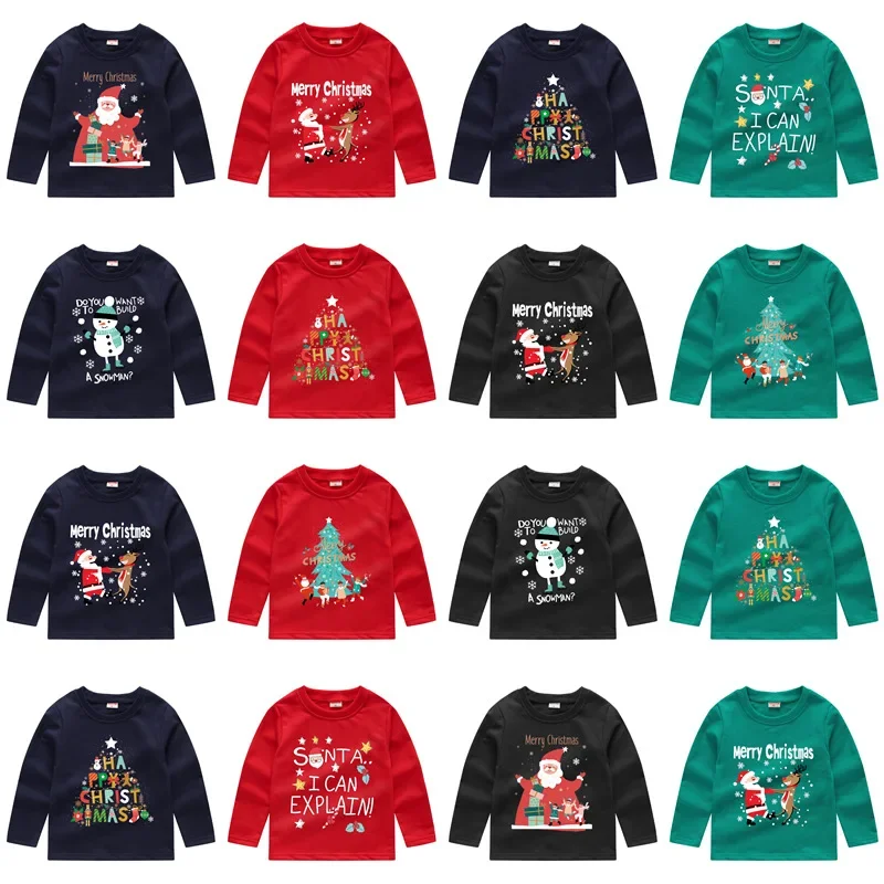 New Christmas T Shirts for Baby Boy Kids Cotton Clothes Toddler Girls Santa Claus Elk Long Sleeve T-shirts Children Cartoon Tops