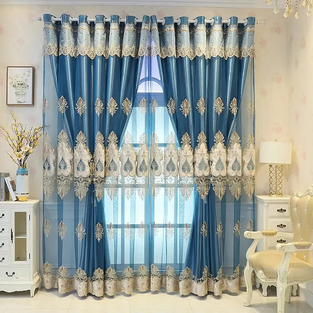 1 Panel 132cm Width European Double Layer Curtain with Valance for Living Room Bedroom Embroidered Blackout Curtain