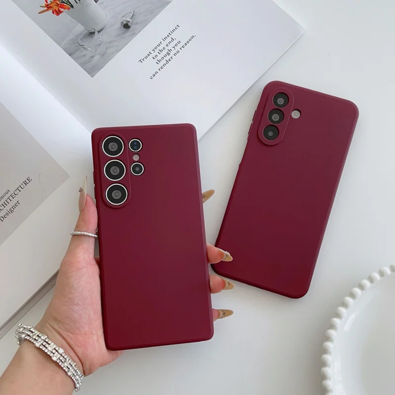 2025 new model suitable for Samsung s25 ultra phone case a56 solid color retro wine red s24 liquid silicone case