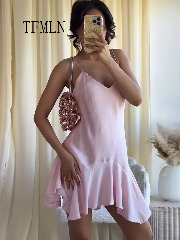 2026 Neues Damen Rüschen-Minikleid Ärmellos Sommer Elegantes V-Ausschnitt Rückenfreies Strandparty-Kleid Modisches Schickes Date-Night-Kleid