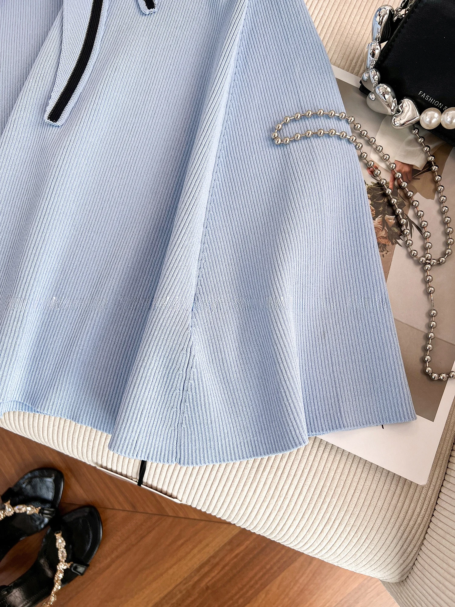 Damska dzianinowa kamizelka wyszczuplająca na lato, nowa, codzienna, w kolorze granatowym, z kołnierzykiem, podkreślająca talię, spódnica w kształcie litery A z wysokim stanem.