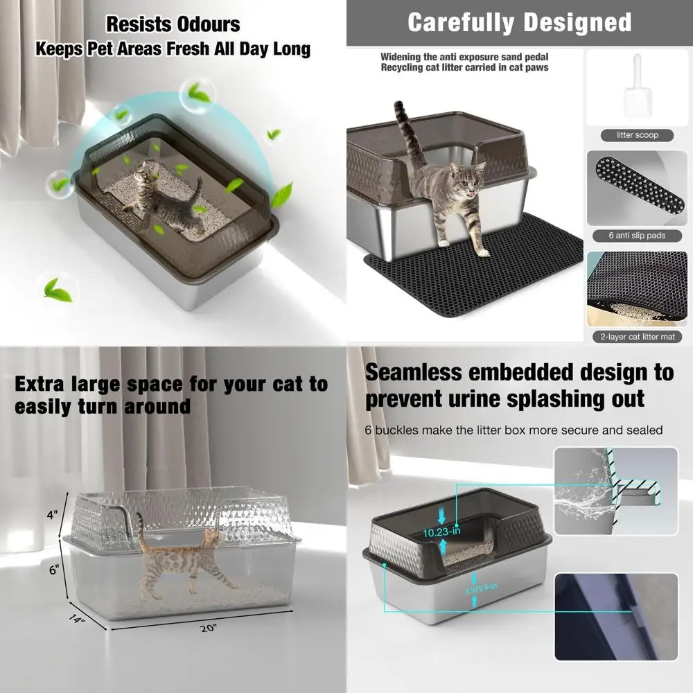 

Большой боковой входной лоток из нержавеющей стали с высокими стенками, съемной крышкой, ковриком для туалета и лопаткой для кошек среднего и большого размера (высокий)