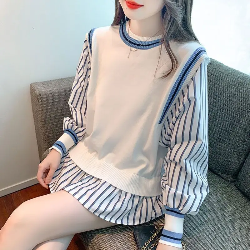 Fake Two Pieces Stripe Patchwork Shirt Spring Autumn New Casual Loose Slimming Blouse Tops Temperament Fashion Clothes for Women