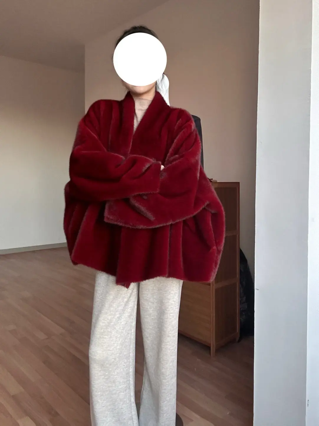 Clothland Women Retro Red Fur Coat V Neck Long Sleeve Oversized Style Female Fashion Jacket Mujer CB430
