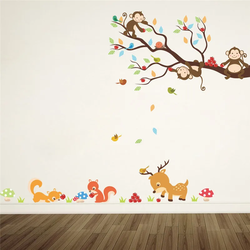 Naughty Monkey On Tree Branch Wall Art Stickers For Home Decoration Diy Cartoon Bird Animals Mural Art PVC Decal Kids Posters