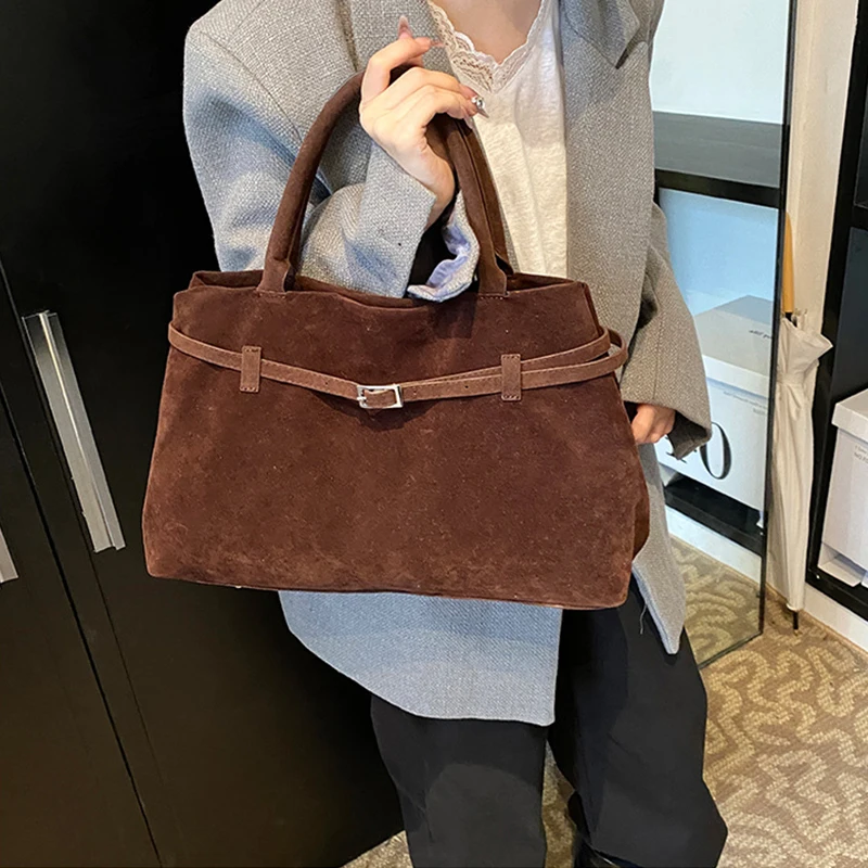 Schnalle Dekoratives Design Solide Faux Wildleder Handtasche Große Kapazität Haspe Casual Tote Heißer Verkauf Taschen für Frauen Bolsas Femininas – Detail 6