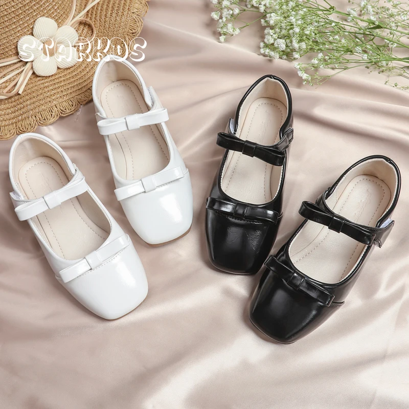 Zapatos Mary Jane de charol con lazo para niños, Zapatos planos de Ballet, color blanco sólido y negro, con lazo de gancho