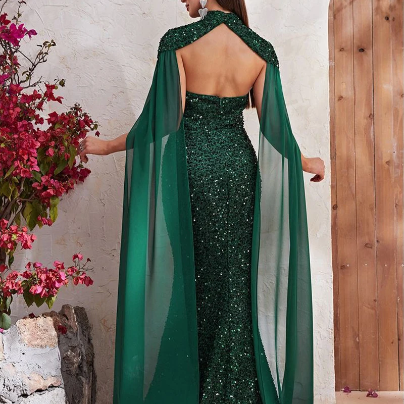Elegant Women Detachable Shawl Strapless Evening Prom Dresses Sequins Sleeveless Birthday Wedding Party Dress vestidos de fiesta