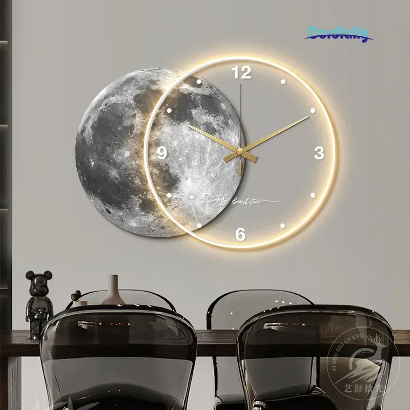 3D Moon Wall Clock LED Light Modern Lunar Painting Night Light Creative Multi-function Wall Art Living Room Dining Room Decor