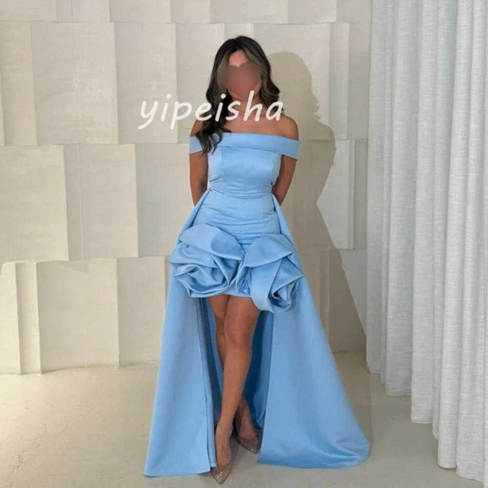 

Customized Matching Fashion Jersey Handmade Flower Pleat Straight Off-the-shoulder Short Dresses Bespoke Occasion Dresses Retro