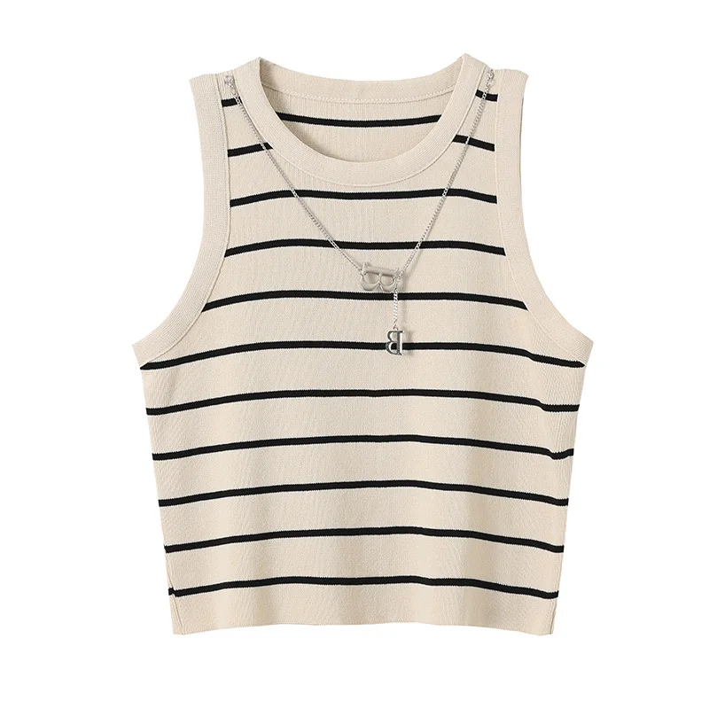 Round Neck Slim Striped Knitted Vest Inner Match Women\'s Korean Fashion tank top