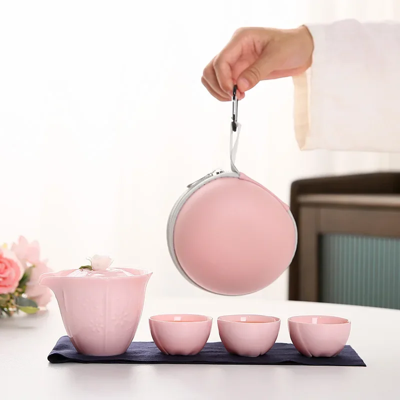 Fresh Pink Hand-kneaded Flowers Travel Tea Set for Girls Ceremony High-looking Portable Camping Outdoor Portable Tea Tools Set