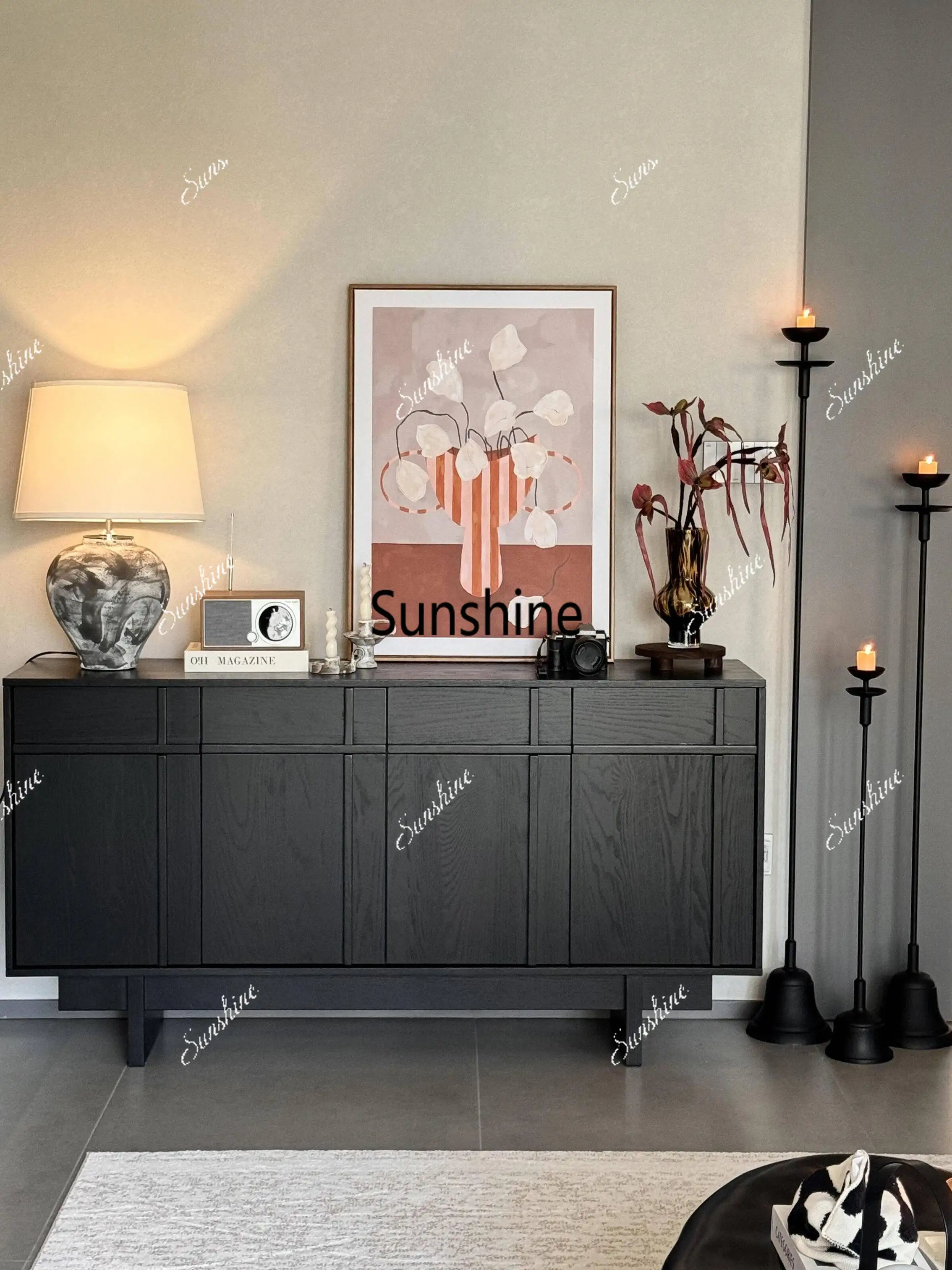 Medieval solid wood dining side, living room, household wall storage cabinet, entrance cabinet