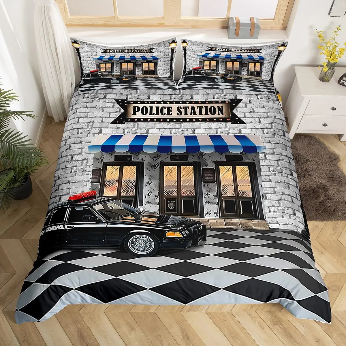 Cartoon Police Car Duvet Cover Queen Policeman Bedding Set Emergency Responder Vehicles Comforter Cover Modern Cars Quilt Cover