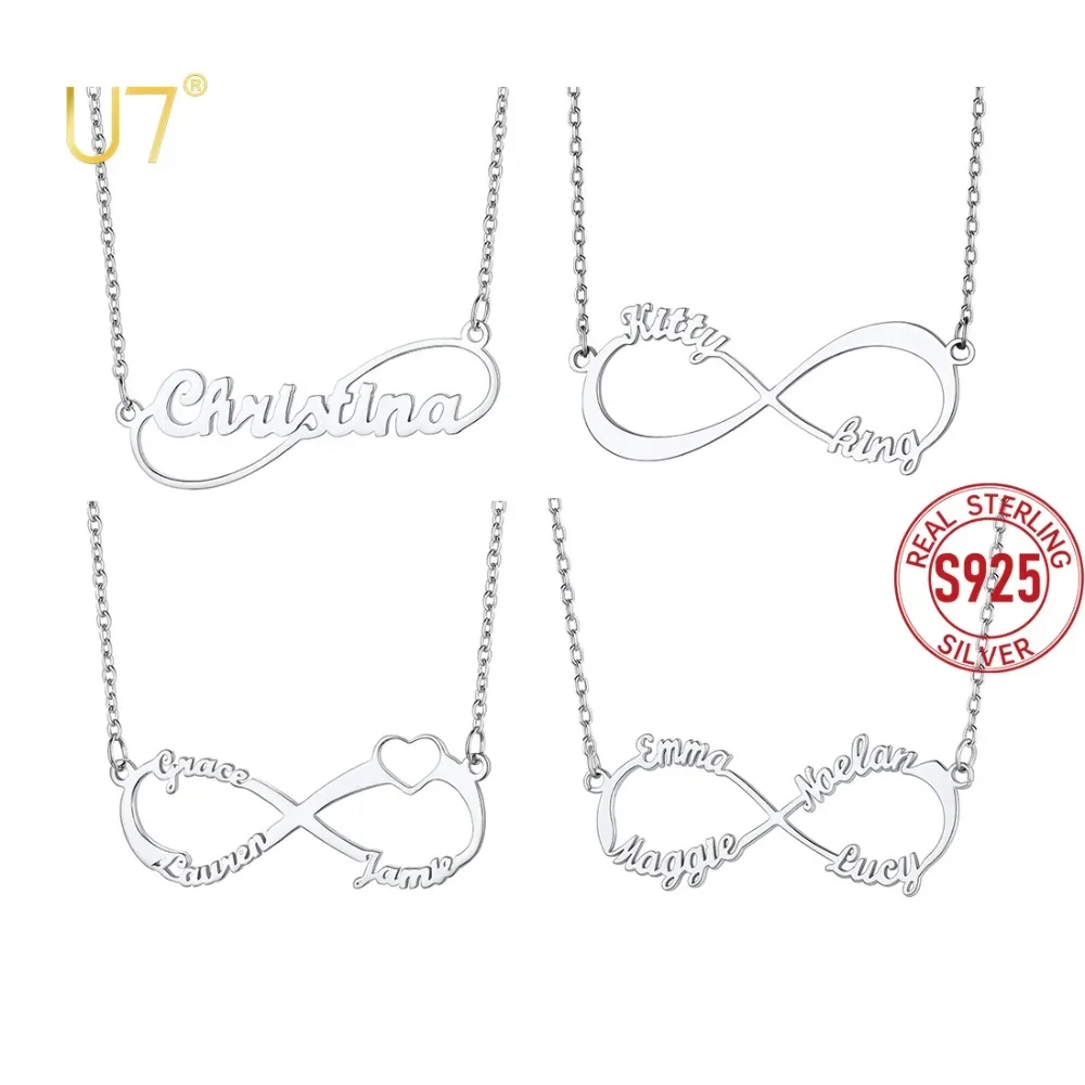 

U7 925 Sterling Silver Infinity Custom Name Necklace for Women 1-4 BFF Family Names Endless Love Personalized Jewelry Gift