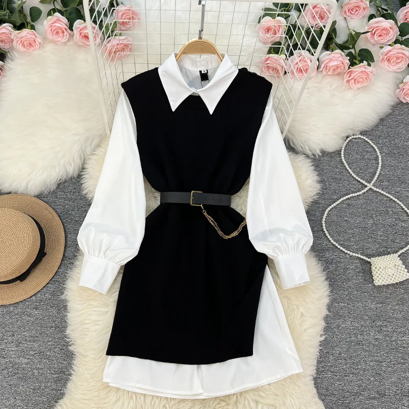 

BRANGDY French Style Socialite Dress Early Autumn Fashionable Adult Lady like Woman Knitted Vest Lace-up Shirt Two-Piece Suit