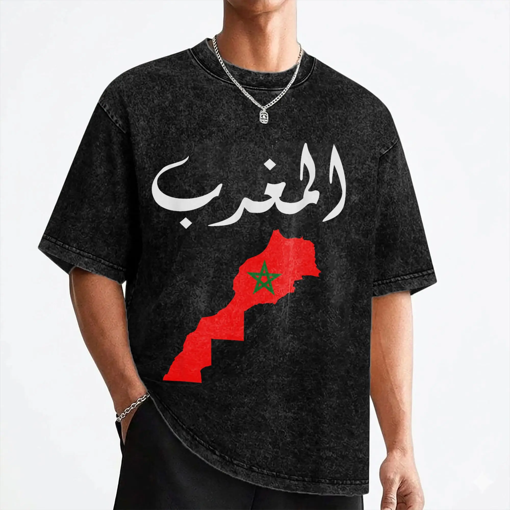 Morocco Moroccan Flag Map Washed T Shirts Streetwear Hip Hop Retro T-Shirt  Tees Men Women Short Sleeve Harajuku Summer