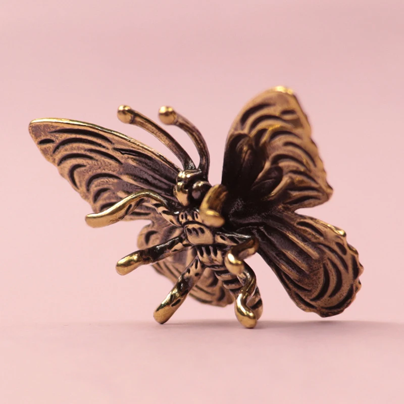 Solid Pure Brass Butterfly Figurines Miniatures Desktop Ornament Antique Copper Insect Statue Home Decoration Craft Accessories