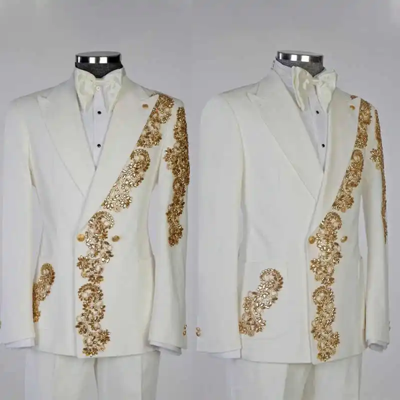 

Luxury 2 Pieces Men Suits Peaked Lapel Double Breasted Prom Blazers Crystals Loose Fit Banquet Party Customized Wear