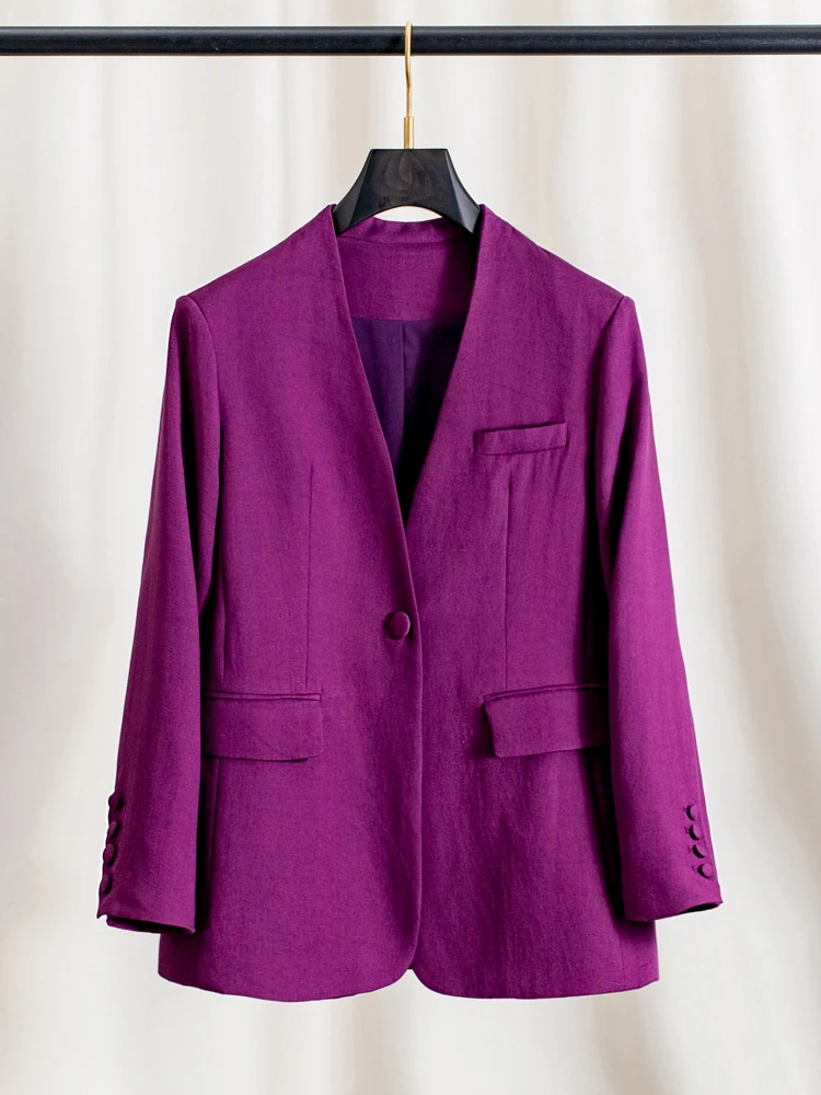 

Элегантный фиолетовый льняной пиджак с V-образным вырезом для женщин, весенне-осенний, свободный, из хлопка и льна, классический стиль для офиса, на одной пуговице