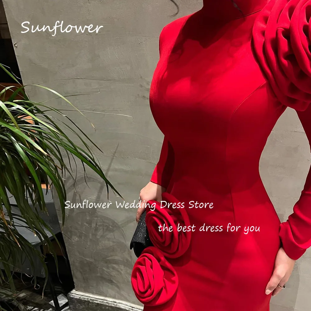 Sunflower Simple Red High Neck 3D Flowers Mermaid 2024 Slim Crepe Ocassion Gown Ankle-Length Formal Evening Dress Party Dress