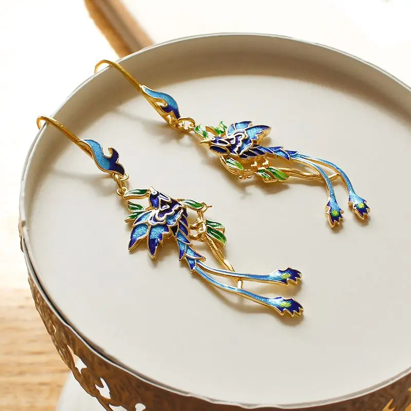 Unique Blue Hummingbird Long Drop Earring Women Luxury Enamel Earrings Vintage Blue Peacock Earrings Statement Jewelry Wholesale