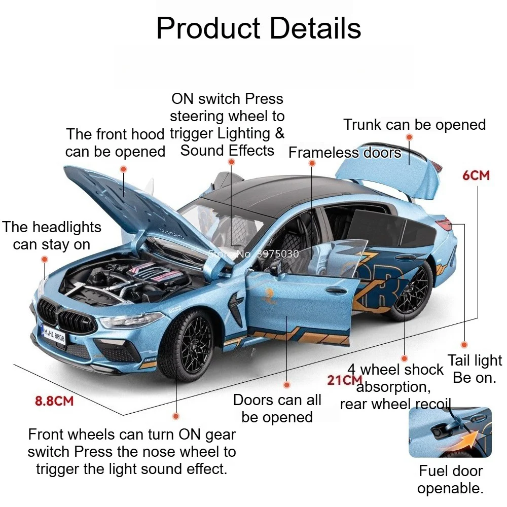 1:24 Scale BMW M8 Car Model Toy Doors Opened Sound Light Models Front Wheel Steer Shock Absorption Vehicle for Hobbyist Surprise