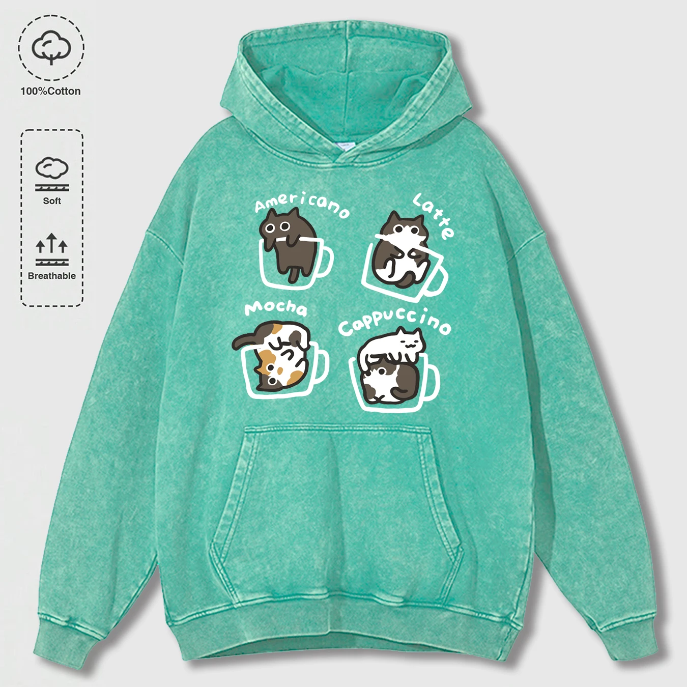 Four Delicious Cat Coffees Print Herren Hoodies All-Match Washed Sweatshirt Weiche Pullover Kleidung Baumwolle Lose Unisex Vintage Hoody