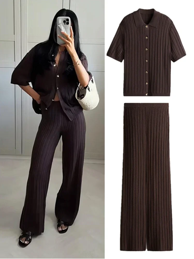 

Knitted Loose Pants Set Women Vintage Brown Short Sleeve Lapel Single Breasted Cardigan Straight Trousers 2025 Fashion Lady Suit