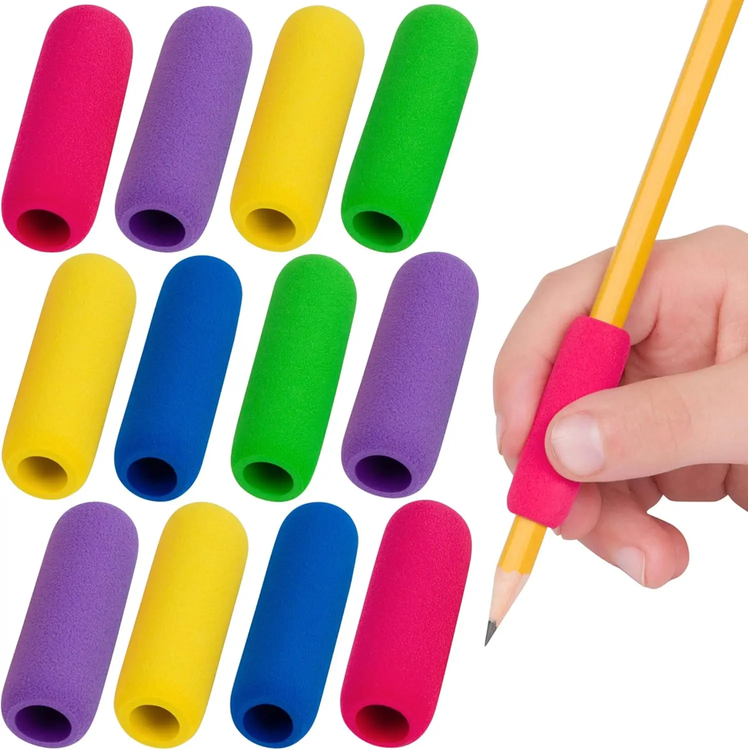 

Soft Foam Pencil Grips for Comfortable Writing, Ergonomic Design Fits Lefties and Righties, Assorted Colors, 12-Pack