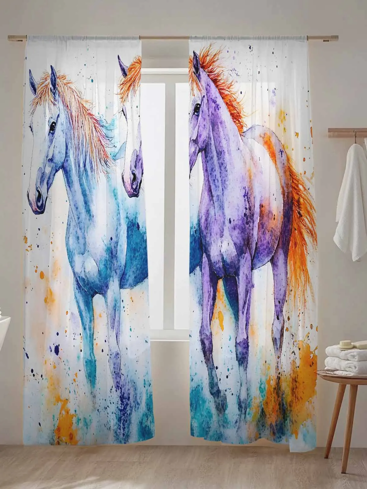 

Watercolor Horse Tulle Sheer Window Curtains for Living Room the Bedroom Voile Decorative Curtains Drapes