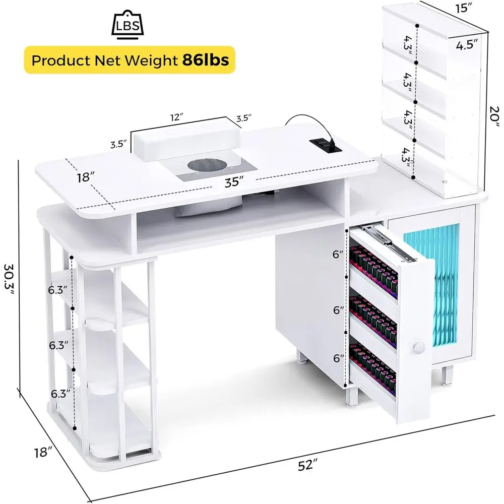 Escritorio para técnico de uñas iluminado por LED con recogida de polvo, estación de carga y soluciones de almacenamiento