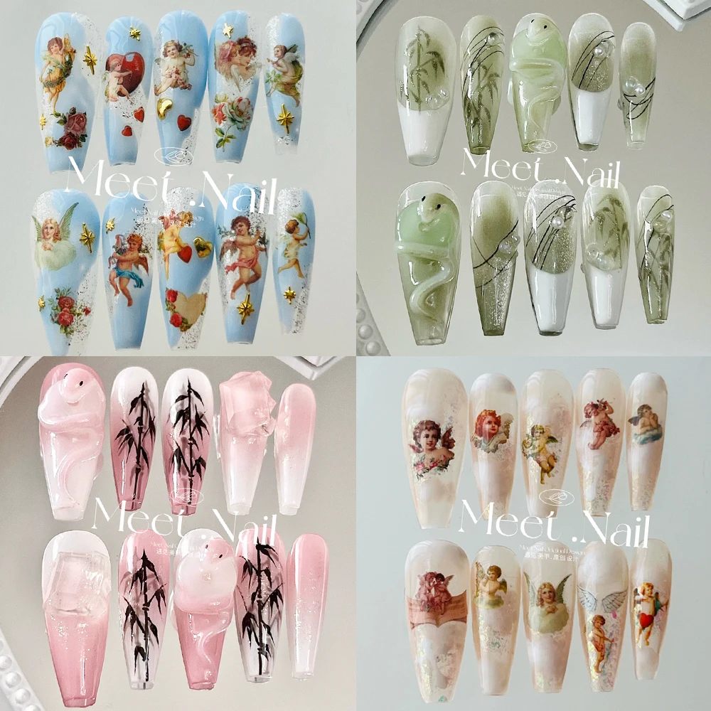 

Cute Angel Snake Bamboo Press On Nails Art Handwork Ink Painting Chinese Style Reuse High Quality Fake Nails Birthday Gift