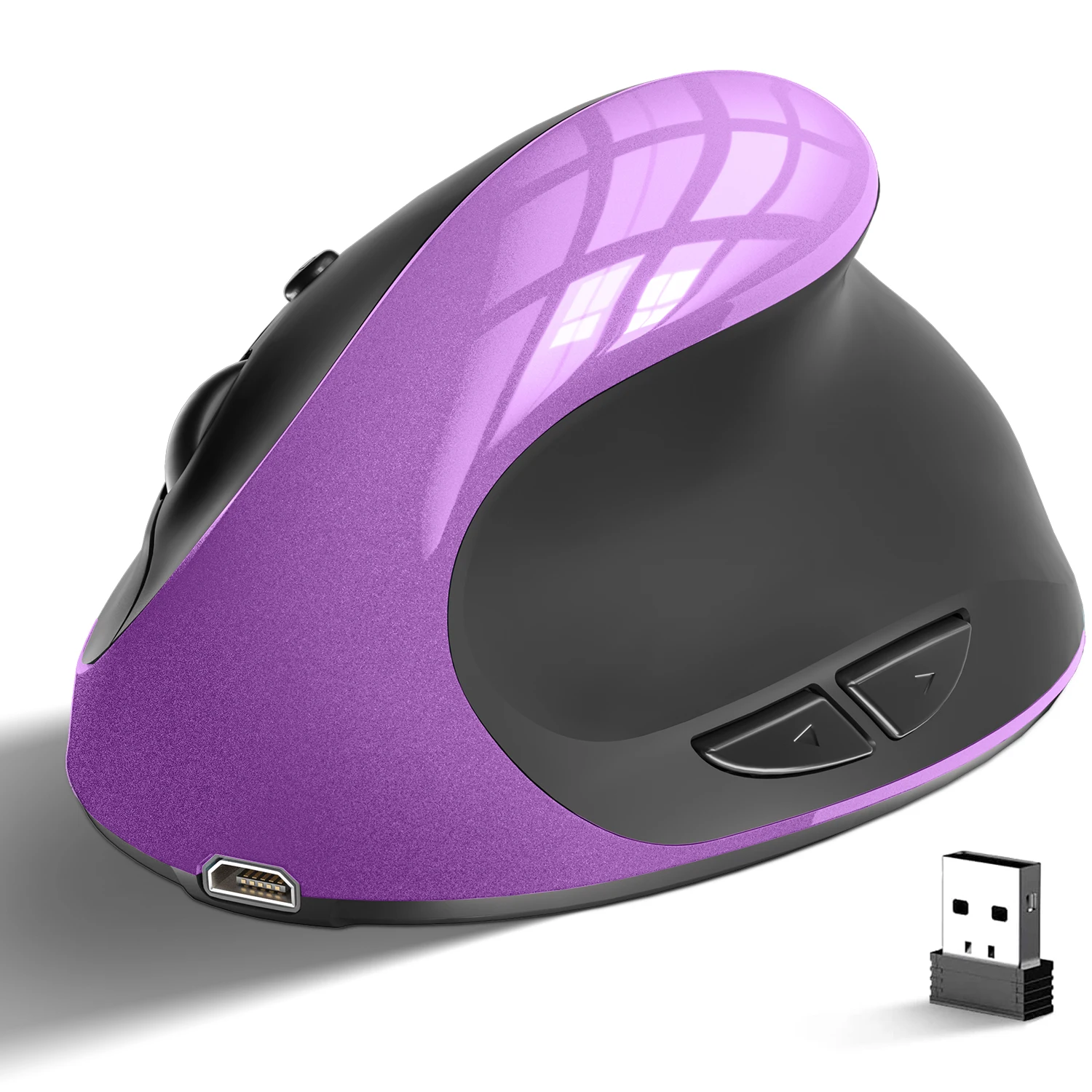 

SGEYR 2.4G Wireless Ergonomic Vertical Rechargeable Optical Mouse 3 Adjustable 800-1200-1600 DPI for Desktop,PC - Purple