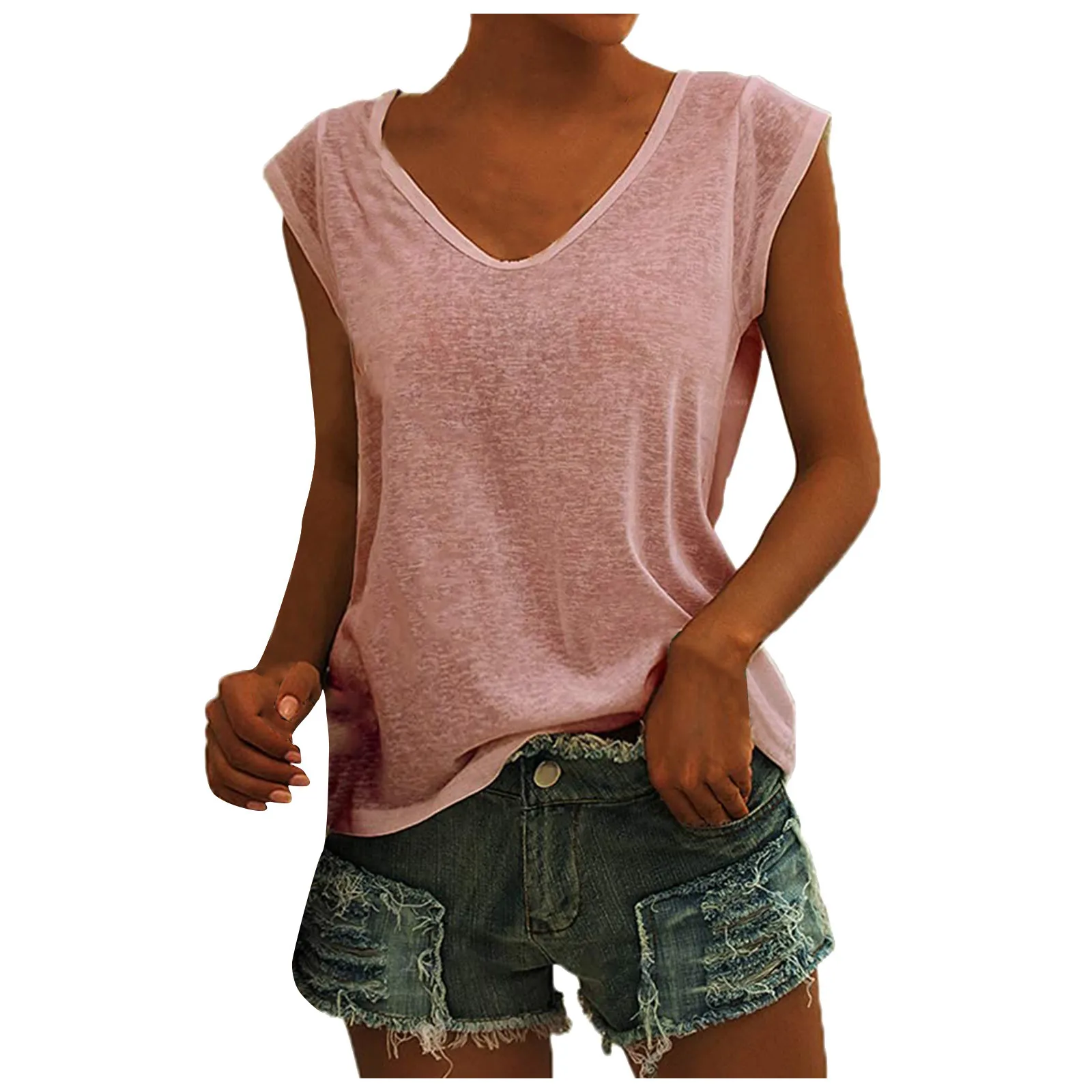 Women's Solid Color Minimalist Fashionable V-Neck Sleeveless T-Shirt Casual And Versatile Loose Summer Basics Street Tank Tops