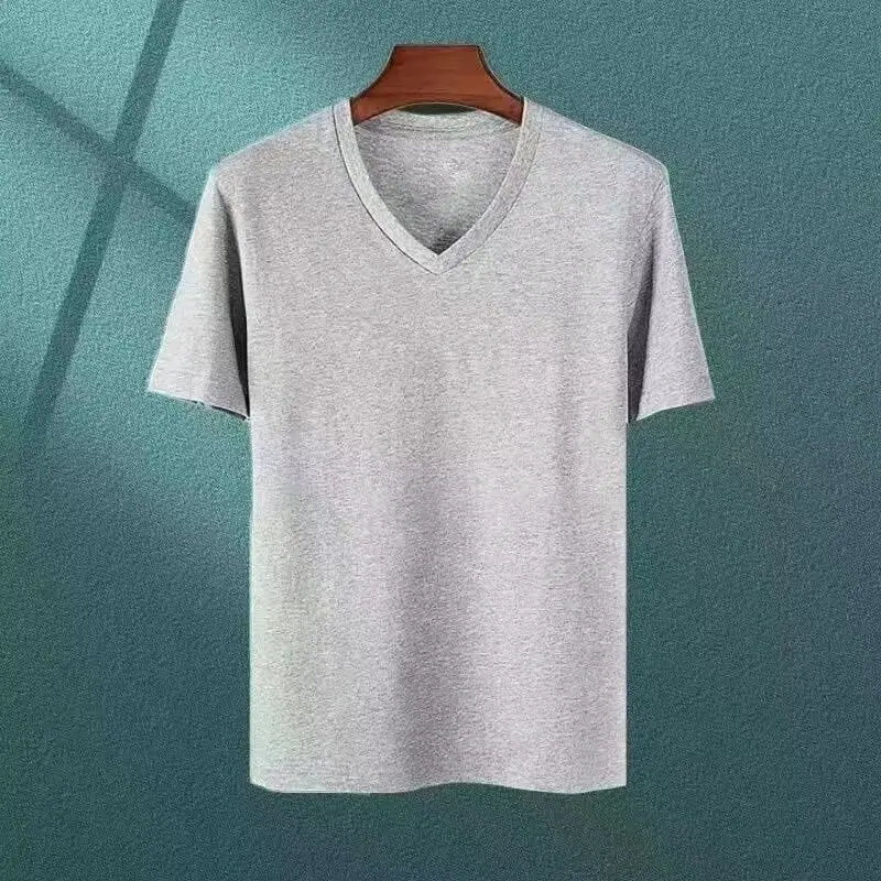 

GELITAYIN Summer New Cotton Short-sleeved T-shirt Men's V-Neck Loose Cool Breathable Tops Tees Comfortable Simple Solid T-shirt