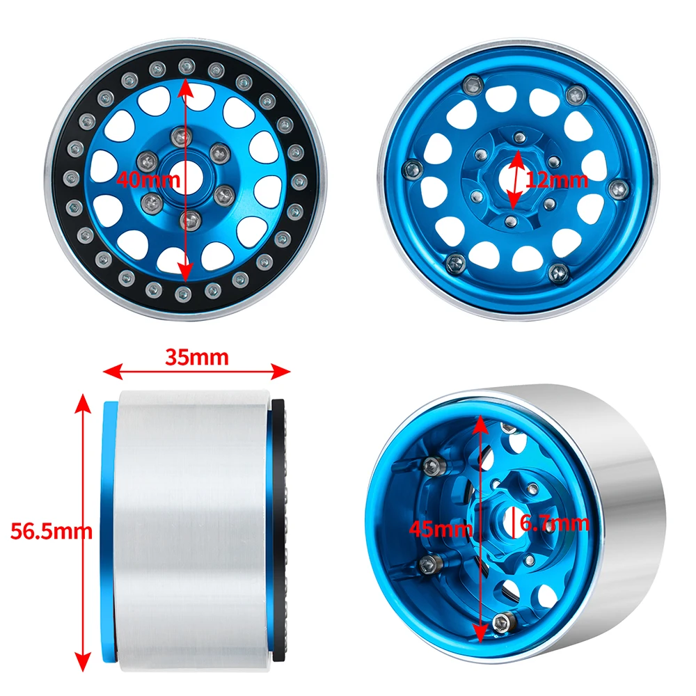 YEAHRUN Blue Aluminum 1.9inch Beadlock Wheel Hub Rim 35mm For 1/10 Wraith 90048 Axial SCX10 90046 TRX4 D90 D110 RC Crawler Car