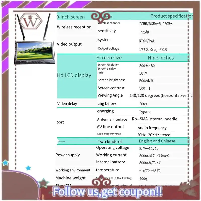 ABBG-9 Inch 5.8G FPV Monitor LCD Screen 800X480 20Hz--20Khz Stereo Dual Receiver For RC FPV Drone Quadcopter Easy To Use EU Plug