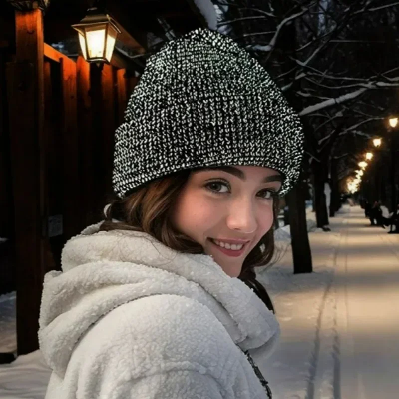 Unisex Reflective Beanie Hats Warm Autumn Winter Y2k Knit Street Skullies Cap Fashion Night Running Ear Protection Pullover Caps